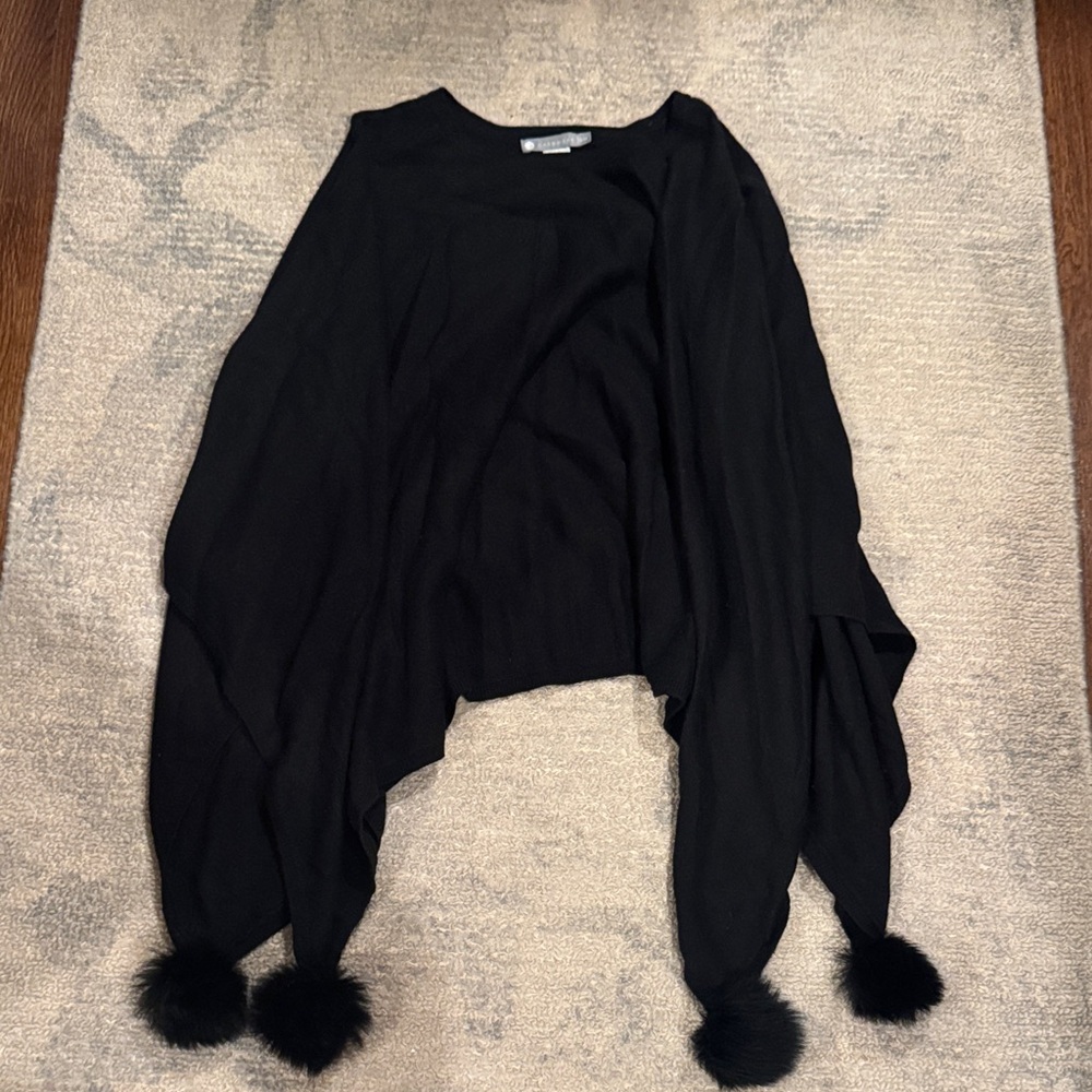 InCashmere Black Poncho with Pom Pom Accents